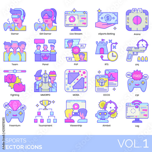 Esports icons including gamer, girl, live stream, betting, arena, team, panel, PVP, RTS, FPS, fighting, MMORPG, MOBA, OCCG, F2P, freemium, tournament, viewership, aimbot, lag.
