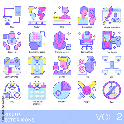 Esports icons including ping, region, NPC, disqualified, microtransactions, sponsors, gaming keyboard, mouse, chair, PC, console, jersey, caster, frag, LAN, MGO, tournament organizer, KD ratio, aggro.