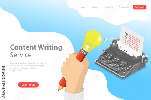 Flat isometric vector landing page template of creative writing, copywriting, content creating.