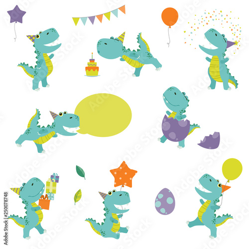 Cute Little Funny Colorful Cartoon T Rex Dinosaur Birthday Party Set Flat Color Vector Illustration Isolated on White