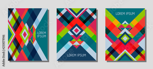 Cover page layout vector template geometric design with triangles and stripes pattern.