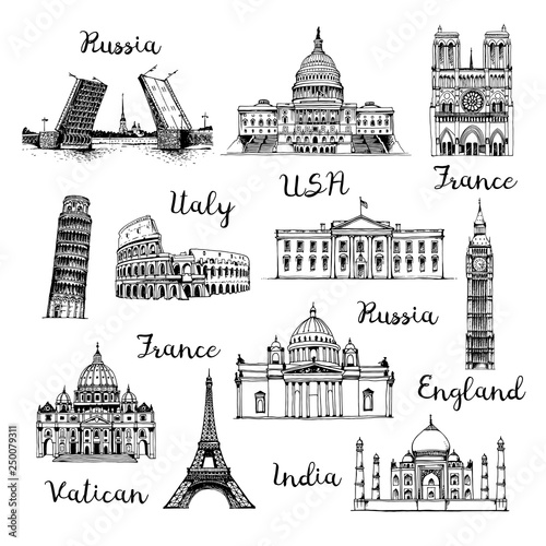 Vector landmarks set. Hand drawn collection of tourist attractions isolated on white background