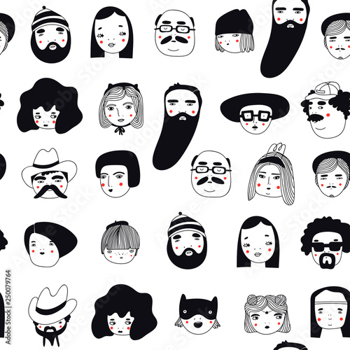 Hand drawn doodle set of people faces. Portraits of various men and women. Trendy black and white icons collection. Vector seamless pattern. Perfect for textile prints, wallpapers
