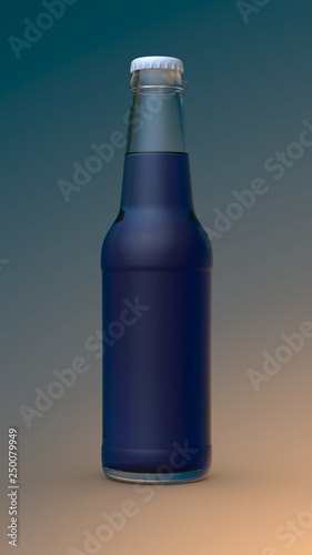 Transparent bottle with bubble dark blue liquid and white cap on color background. 3D render Mockup