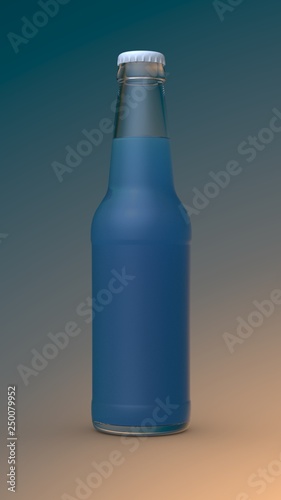 Transparent bottle with bubble light blue liquid and white cap on color background. 3D render Mockup