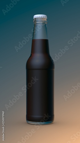 Transparent bottle with bubble dark liquid and white cap on color background. 3D render Mockup