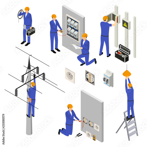 Character Electrician in Uniform 3d Icon Set Isometric View. Vector