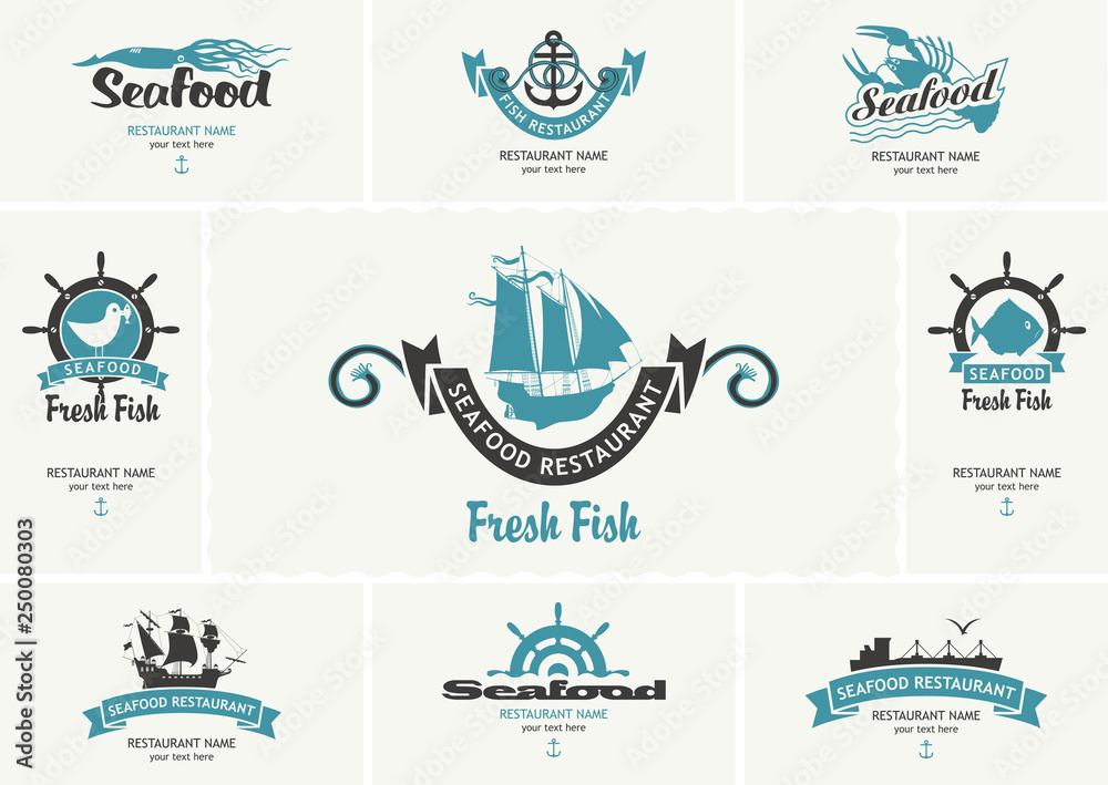 Set of vector business cards with logos on the theme of seafood in retro style