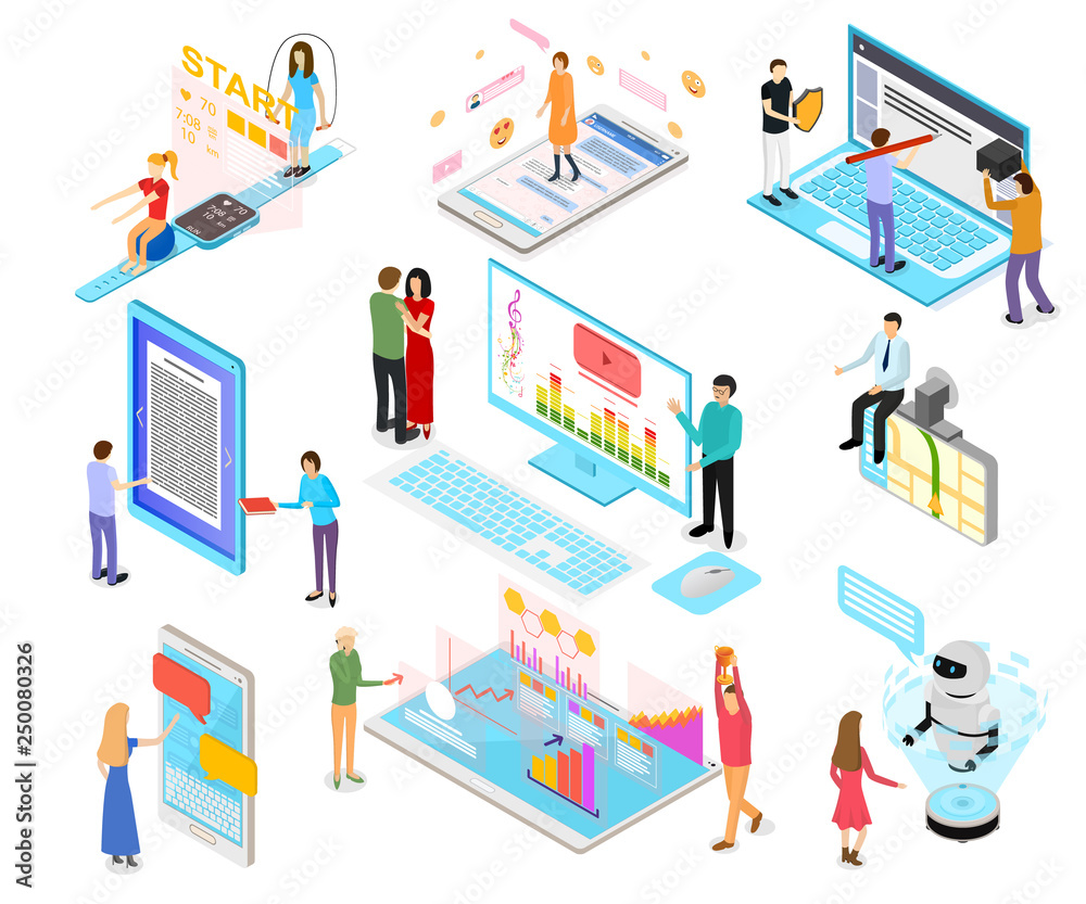 Fototapeta premium People and App Interfaces Concept 3d Isometric View. Vector