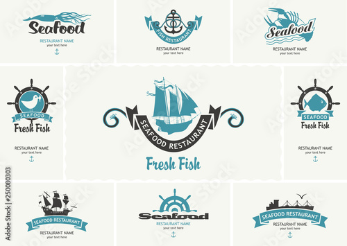 Set of vector business cards with logos on the theme of seafood in retro style photo