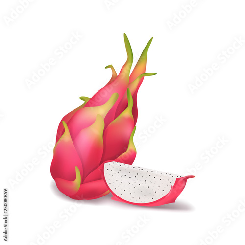 Realistic 3d Detailed Pitahaya with Half. Vector