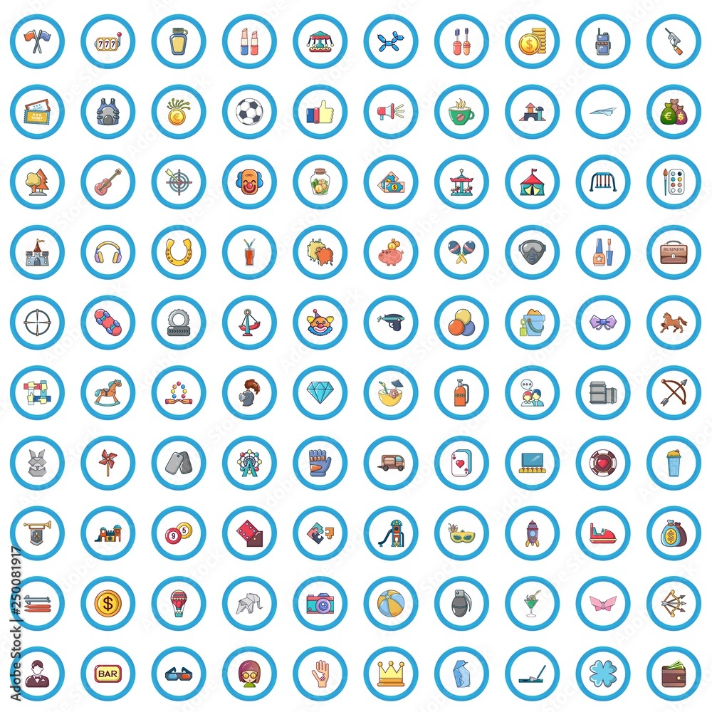 100 amusement icons set. Cartoon illustration of 100 amusement vector icons isolated on white background