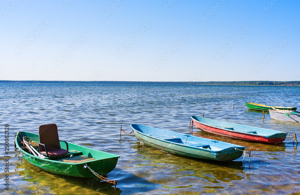 Colorful boats in summer, Naroch. Belarus