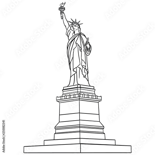 Hand-drawn vector illustration of Statue of Liberty in black and white. outline comic. Friendly, isolated.