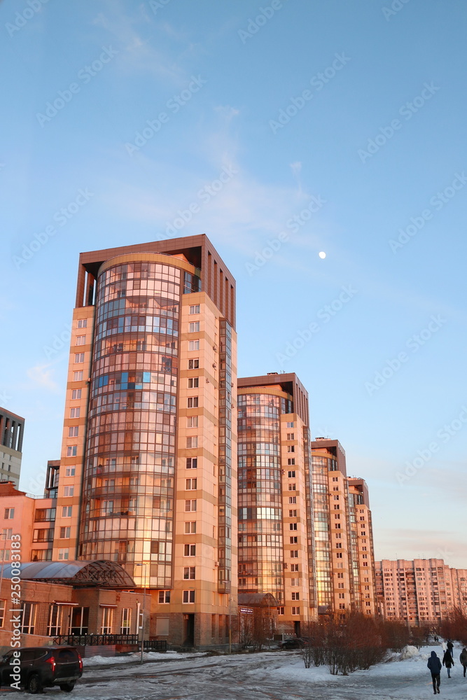 city block high rise buildings at sunset