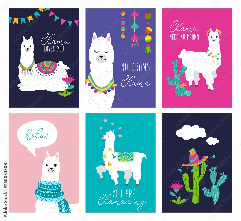 Set of cute card with alpacas. Inspirational llamas posters with colorful  design and inspirational quotes. Llama loves you. No drama llama. Hola! You  are llamazing. Vector llama illustration Stock Vector | Adobe