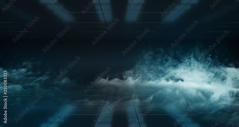 Smoke Fog Modern Neon Glowing Blue  Dance Stage Lights Dark Empty Sci-Fi Futuristic Ship Corridor With Reflective Surfaces. 3D Rendering