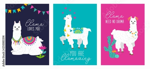 Set of cute card with alpacas. Inspirational llamas posters with colorful design and inspirational quotes. Llama loves you. No drama llama. You are llamazing. Vector llama illustration﻿