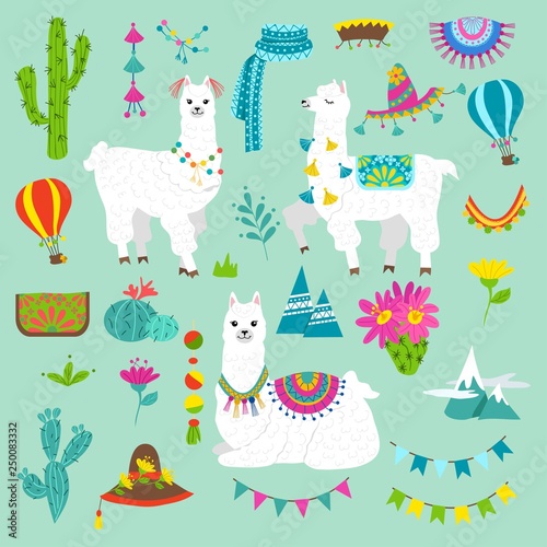 Set of cute alpacas and hand drawn elements. Llamas and cacti vector illustration. Summer design elements for greeting cards, baby shower, invitation, posters etc.