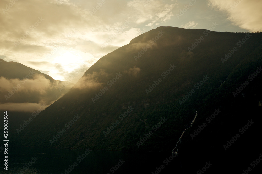 Panorama Of Beautiful Sunrise Over Mountain And Geiranger Fjord, Norway. Early Morning View.