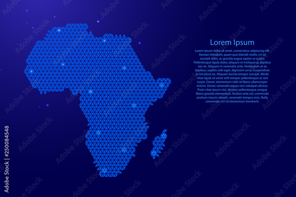 Africa map abstract schematic from blue triangles repeating pattern geometric background with nodes and space stars for banner, poster, greeting card. Vector illustration.