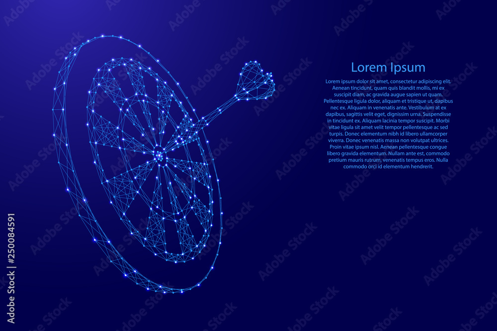 Darts target and stuck a dart from blue triangles repeating pattern geometric background with nodes and space stars for banner, poster, greeting card. Vector illustration.