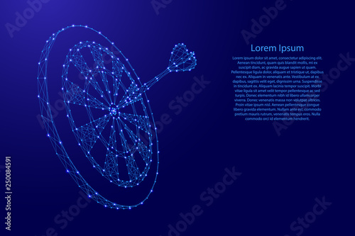 Darts target and stuck a dart from blue triangles repeating pattern geometric background with nodes and space stars for banner, poster, greeting card. Vector illustration.