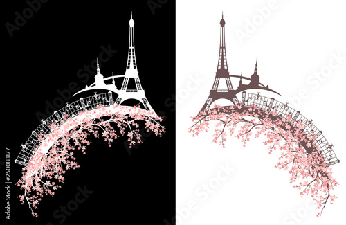 eiffel tower and paris city with elegant bridge among cherry tree blossom - spring season in france vector design set