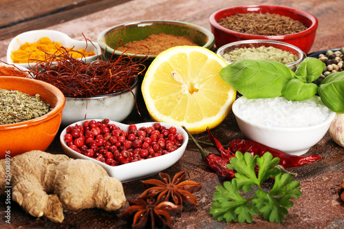 Spices and herbs on table. Food and cuisine ingredients.