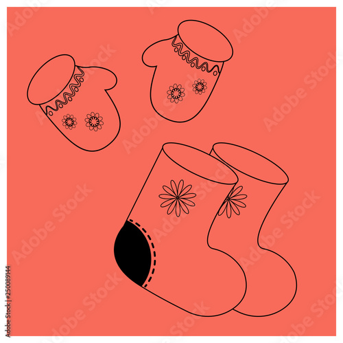 felt boots, mittens with ornament. Linear elements Russian of winter clothes. Accessories Folk costume. coloring book or printing clothes. Educational cards. Vector linear llustration
