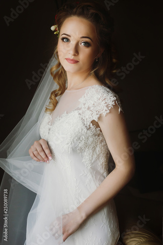 Portrait of beautiful bride, blonde bride in elegant white wedding dress with veil posing in dark room, emotional face closeup. amazing tender romantic moment