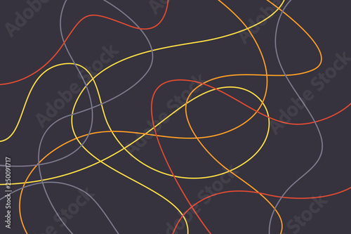 Abstract background pattern made with colorful, curvy lines creating a messy look. Modern vector art in yellow, orange and blue colors.