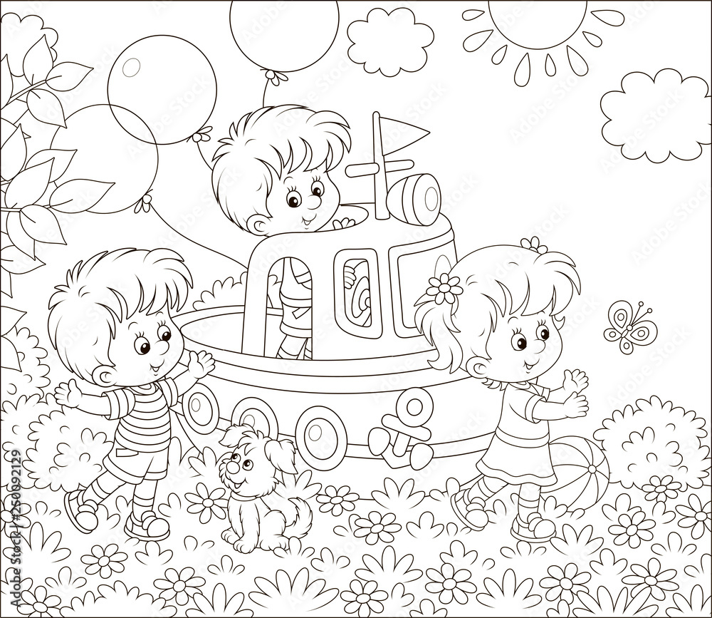 Little children and a small puppy playing on a toy ship on a playground in  a summer park, black and white vector illustration in a cartoon style for a  coloring book Stock