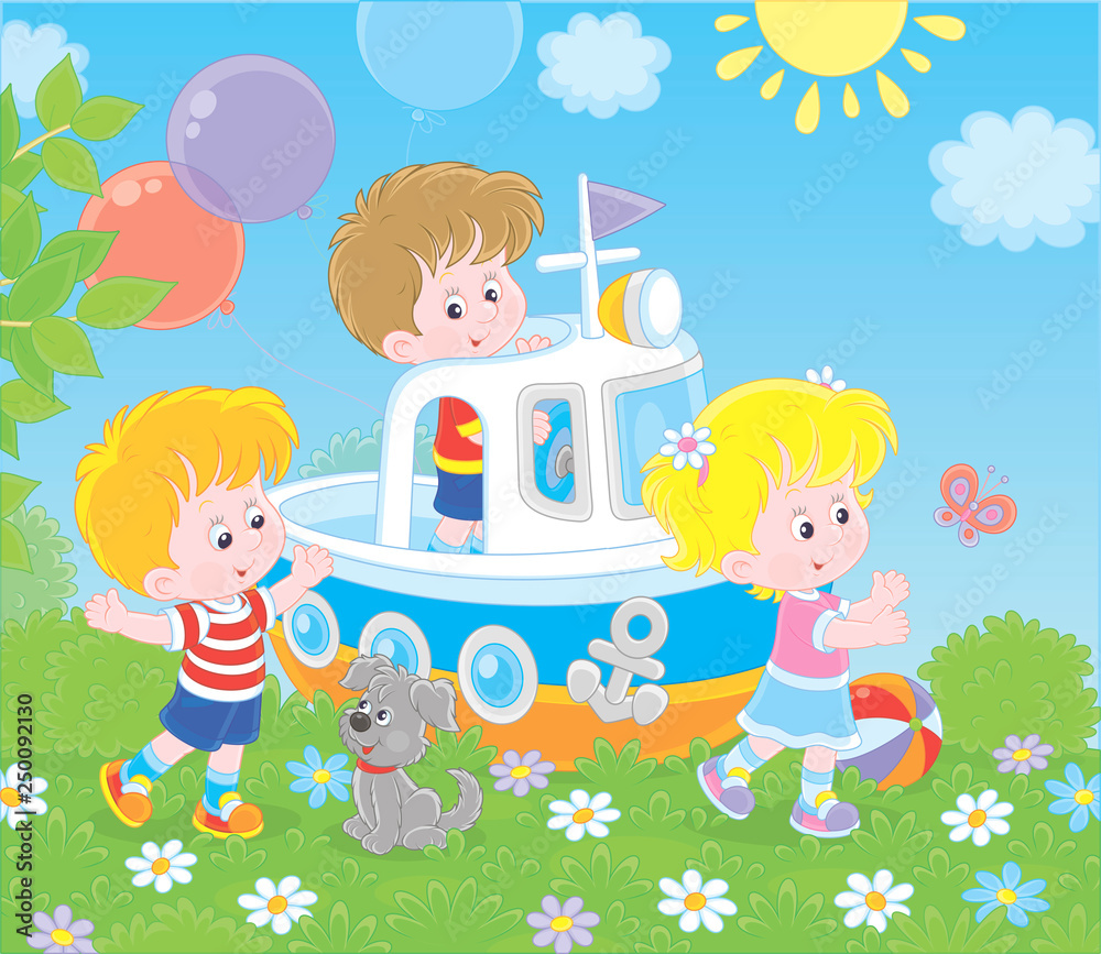 Little children and their puppy playing on a toy ship on a playground in a summer park, vector illustration in a cartoon style Little children and their puppy playing on a toy ship on a playground in a summer park, vector illustration in a cartoon style