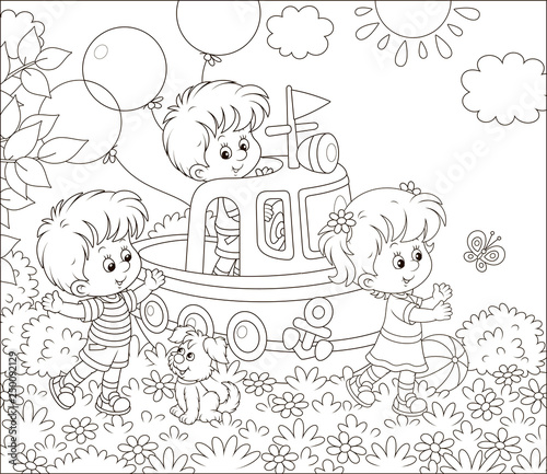Little children and a small puppy playing on a toy ship on a playground in a summer park  black and white vector illustration in a cartoon style for a coloring book