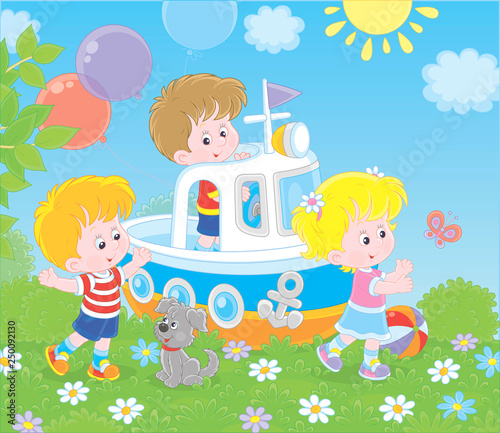 Little children and their puppy playing on a toy ship on a playground in a summer park, vector illustration in a cartoon style