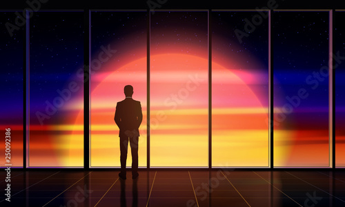 Businessman standing by the window looking out. Man looks into beautiful space with Sun outside the window. Concept of space exploration, business, innovation. Vector illustration