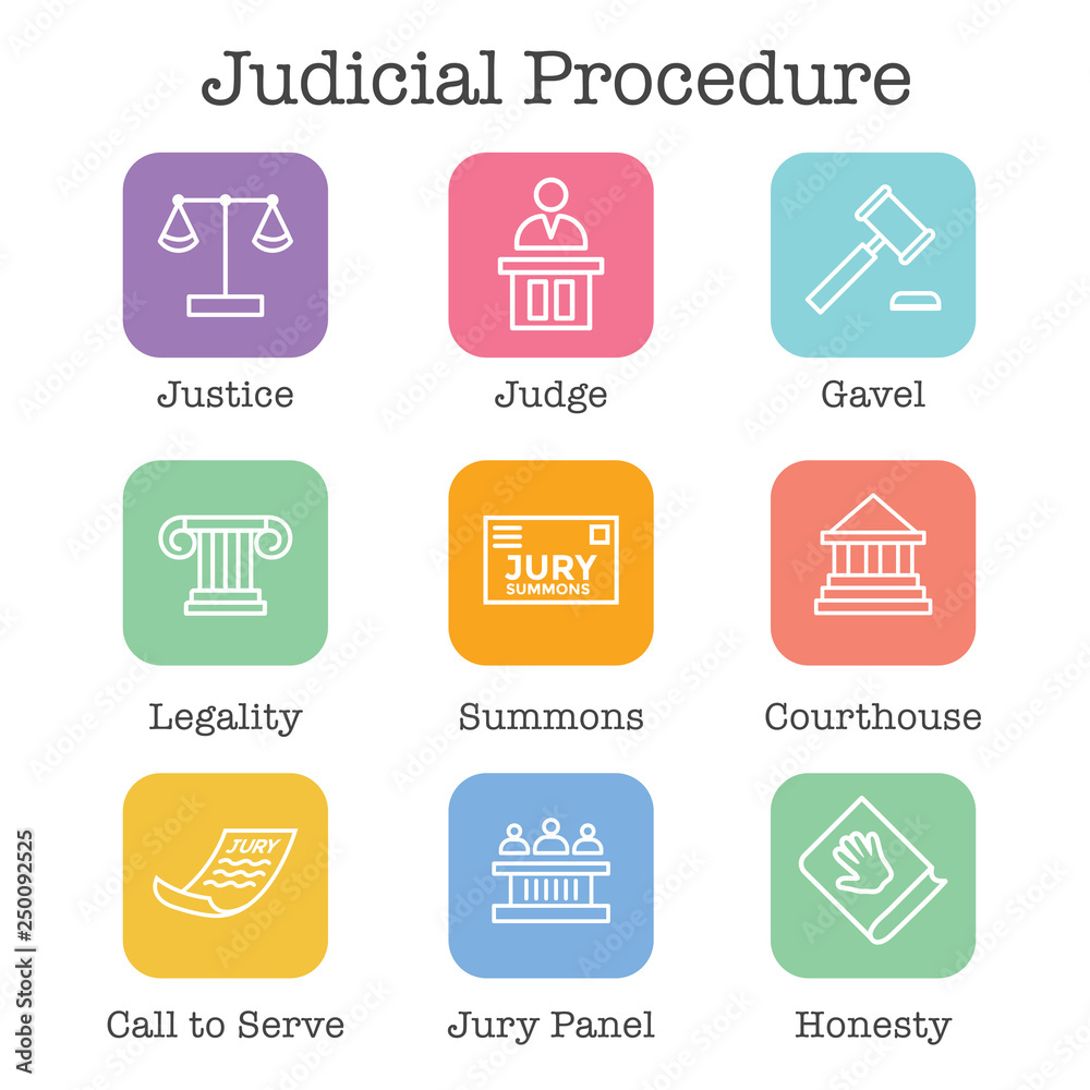 Law and Legal Icon Set with Judge, Jury, and Judicial icons Law and Legal Icon Set with Judge, Jury, and Judicial icons