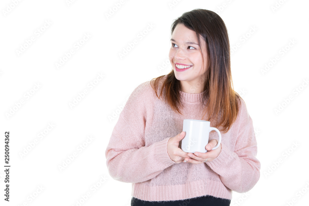 young beautiful woman with cup of coffee looks left young beautiful woman with cup of coffee looks left