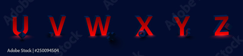 Red luminous latin 3d letters U, V, W, X, Y, Z. Font design for logo.
