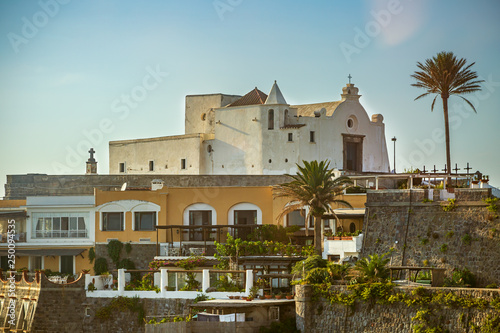 Sunset on Soccorso church in Forio, part of Ischia island