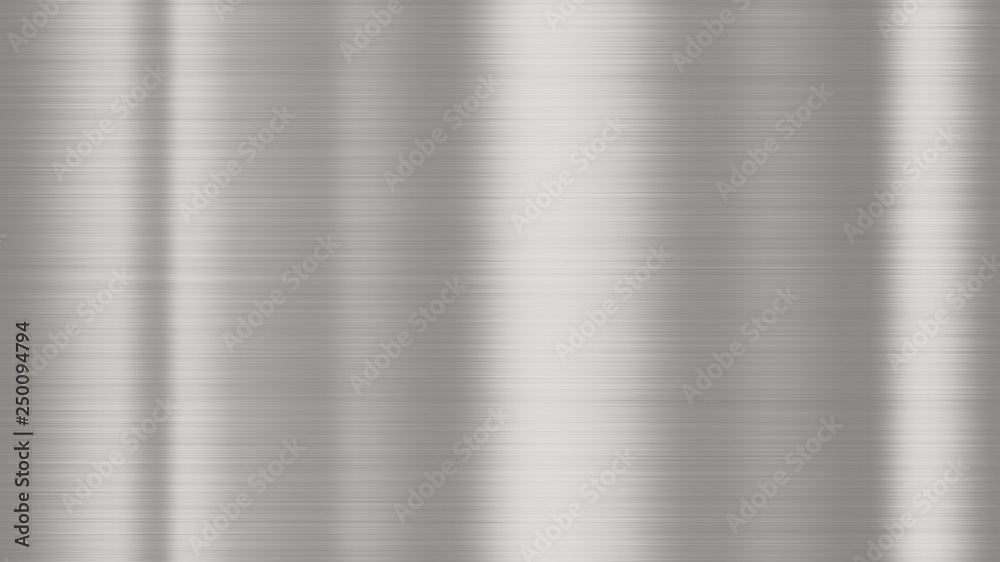 Shiny brushed metal background texture. Polished metallic steel plate. Sheet  metal glossy shiny silver Stock Photo