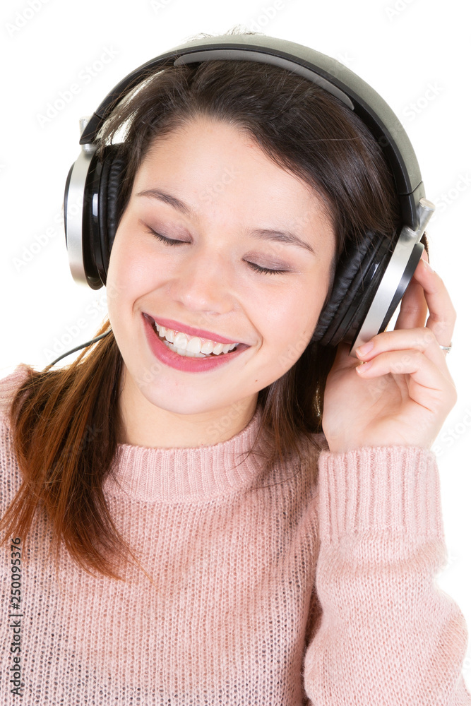 young woman with music headphones eyes closed look happy smile young woman with music headphones eyes closed look happy smile