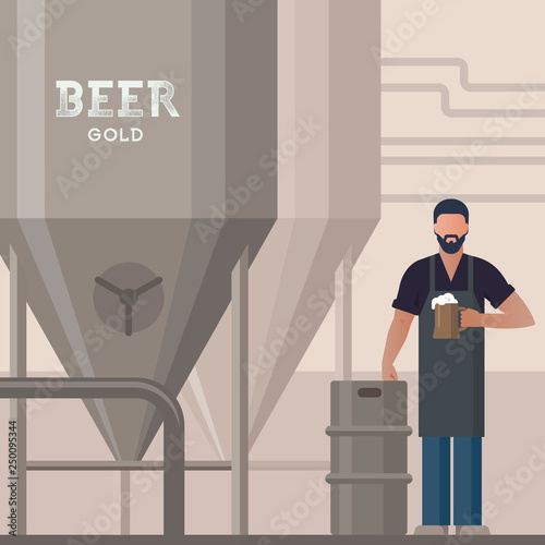 Brewer in own brewery with a beer in the hand demonstrating beer production near barrels and plant equipment flat vector illustration.
