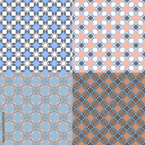 Seamless vector ornament of simple intersecting geometric shapes. Set of four vector illustration. Geometric seamless pattern.