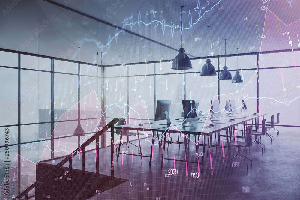 Double exposure of stock market chart and office desktop on background. financial strategy concept. 3d render