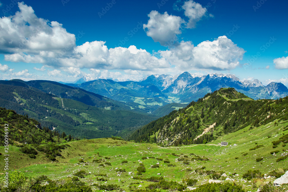 Austrian alpine landscape, alp with beautiful cabins, Salzburger Land, Austria