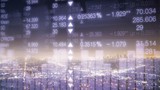 Technological stock exchange chart over night city skyline