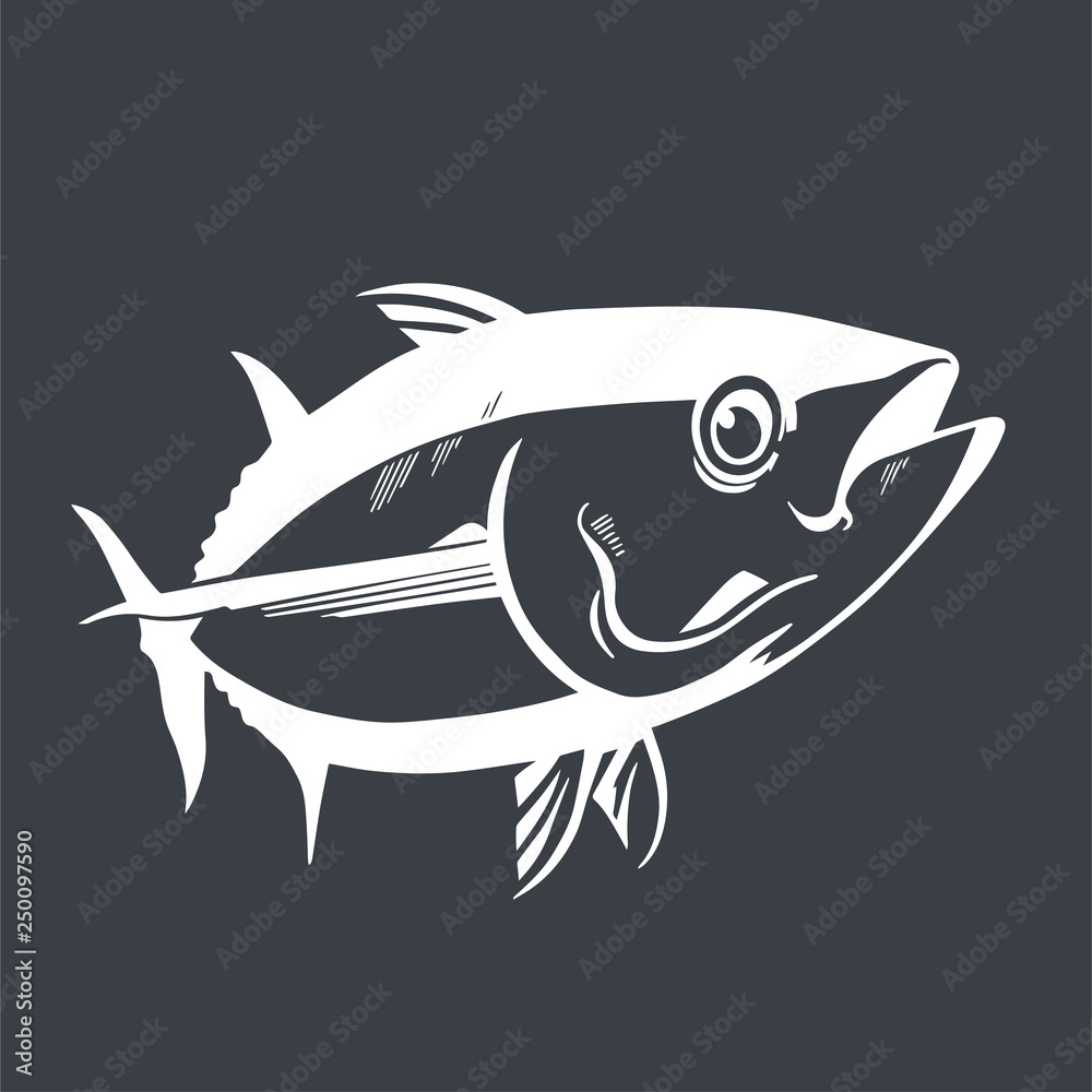 Tuna fish symbol on black and white, Vector. Sport fishing club, restaurant, canned, food logo Tuna fish symbol on black and white, Vector. Sport fishing club, restaurant, canned, food logo