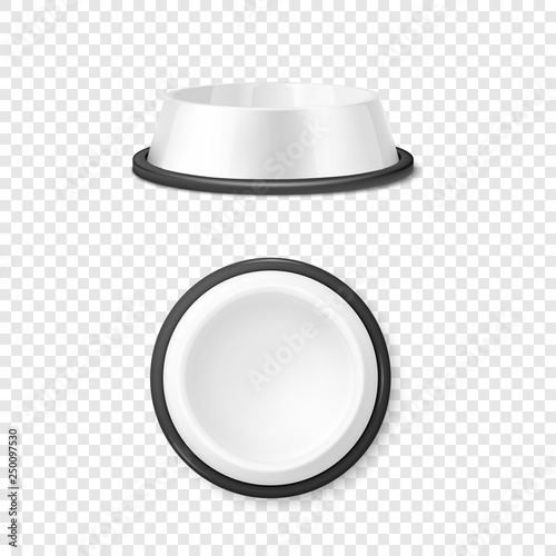 Vector Realistic White Blank Plastic or Metal Pet Bowl Icon Set, Mock-up Closeup Isolated on Transparent Background. Design Template of Bowl for Pet, Cat, Animal Food for Mockup. Front and Top View